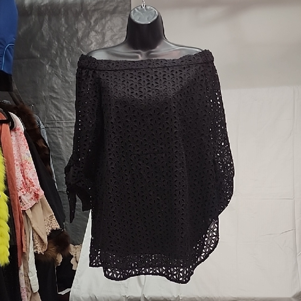 TIBI Black Eyelet Off-the-shoulder Top, size 2